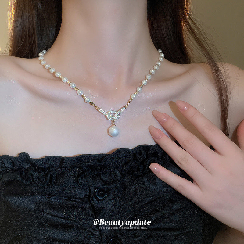 Gold Plated Pearl Zircon Knot Pendant Necklace