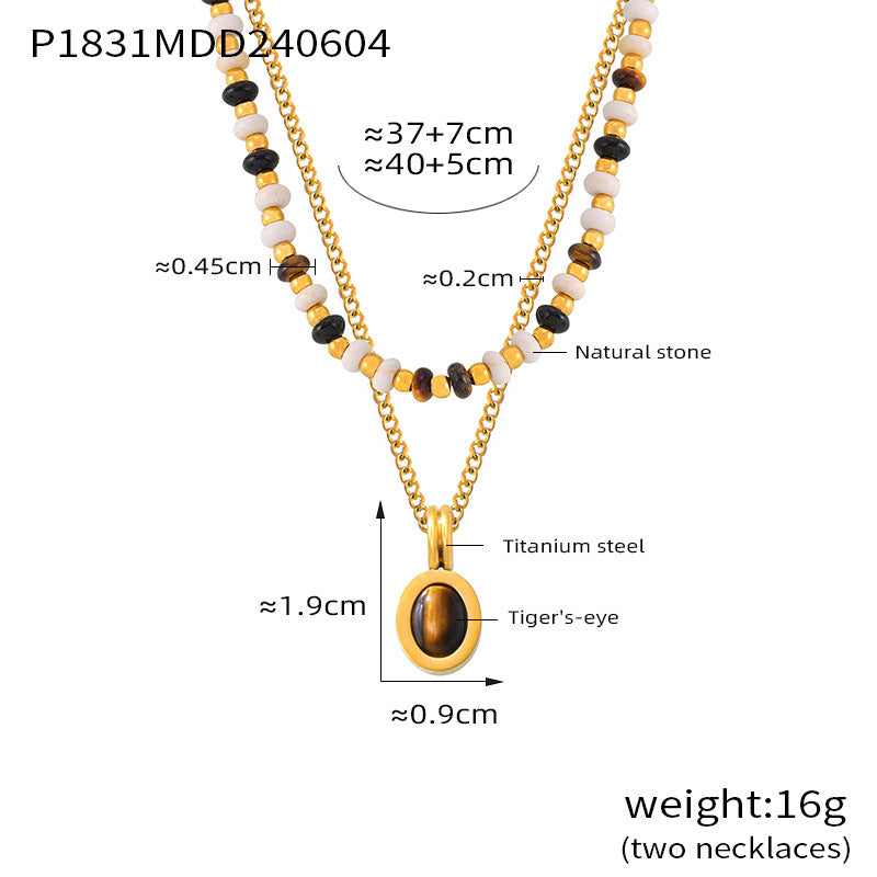 Tiger Eye Oval Pendant Double Layer Titanium Steel Necklace for Women