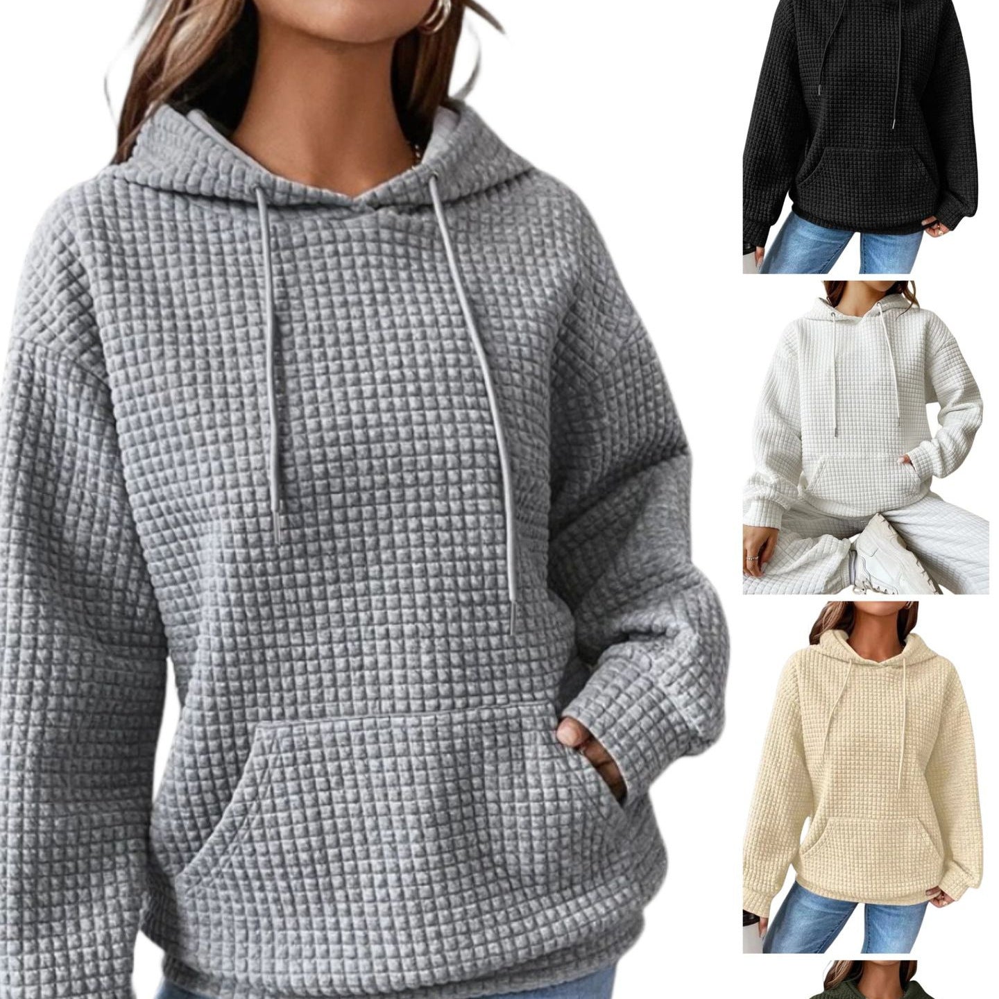 2023 autumn and winter Amazon European and American women's clothing cross-border new arrival waffle round neck long sleeve sweater solid color top for women