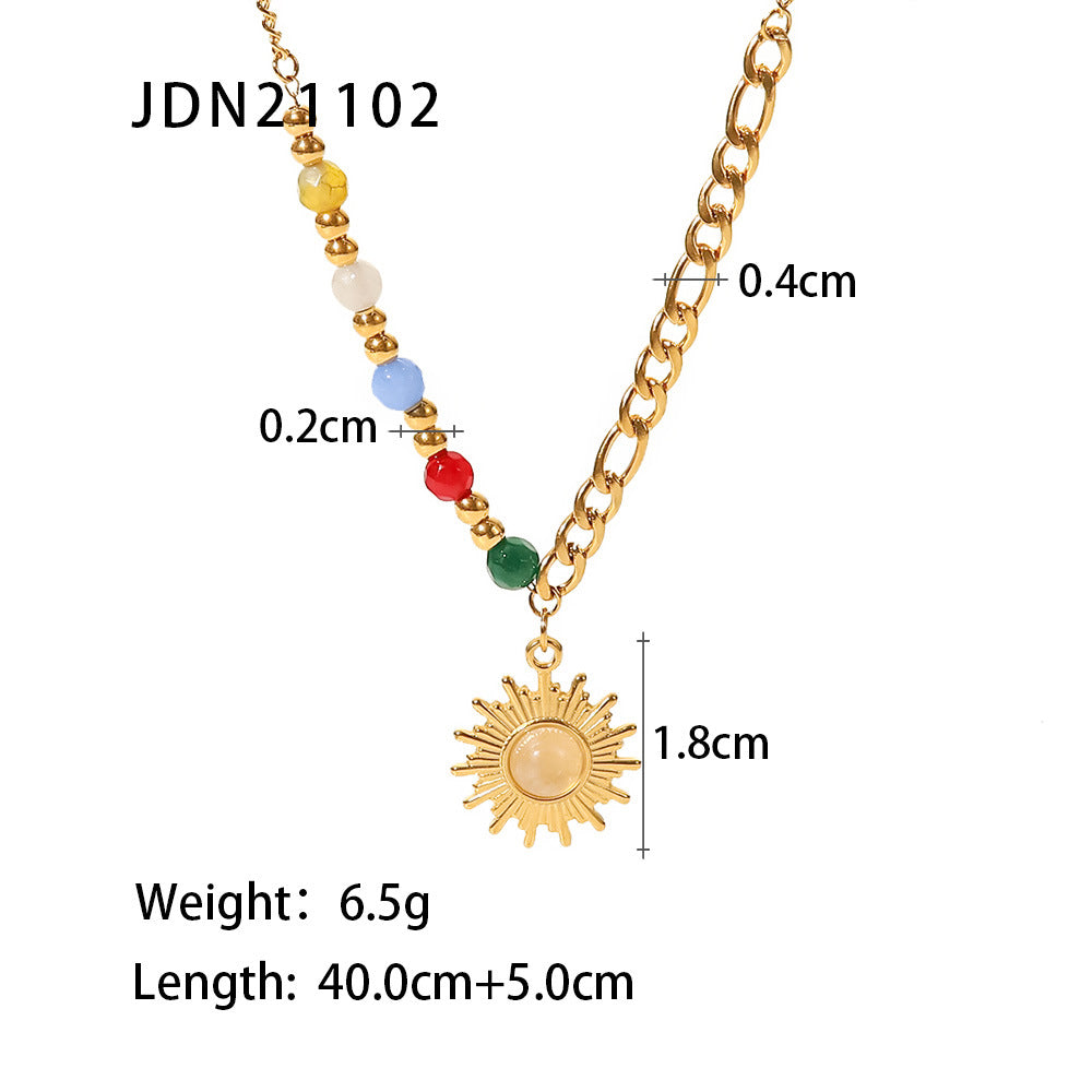 INS French style new titanium steel pendant necklace 18K gold natural stone Opal sun pendant color stone necklace