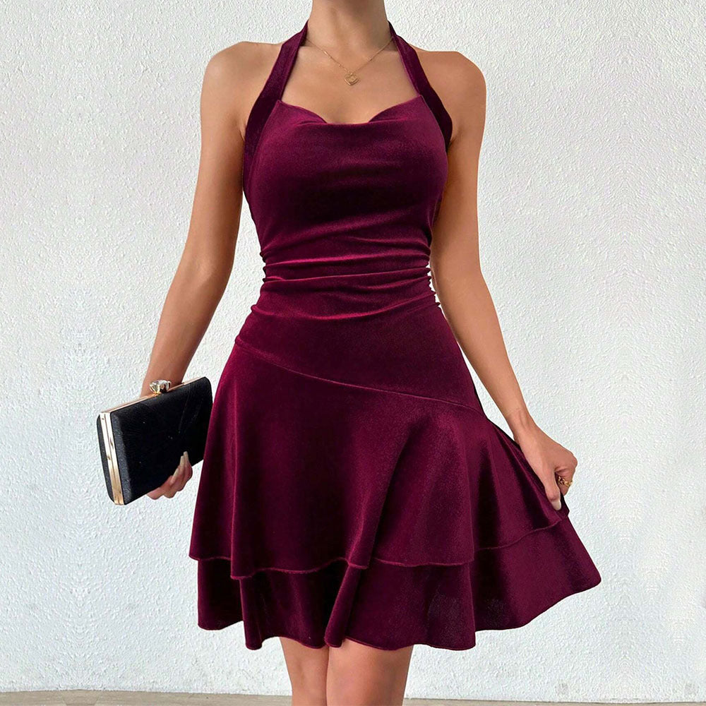 New Autumn Winter Sexy Velvet Halter Dress
