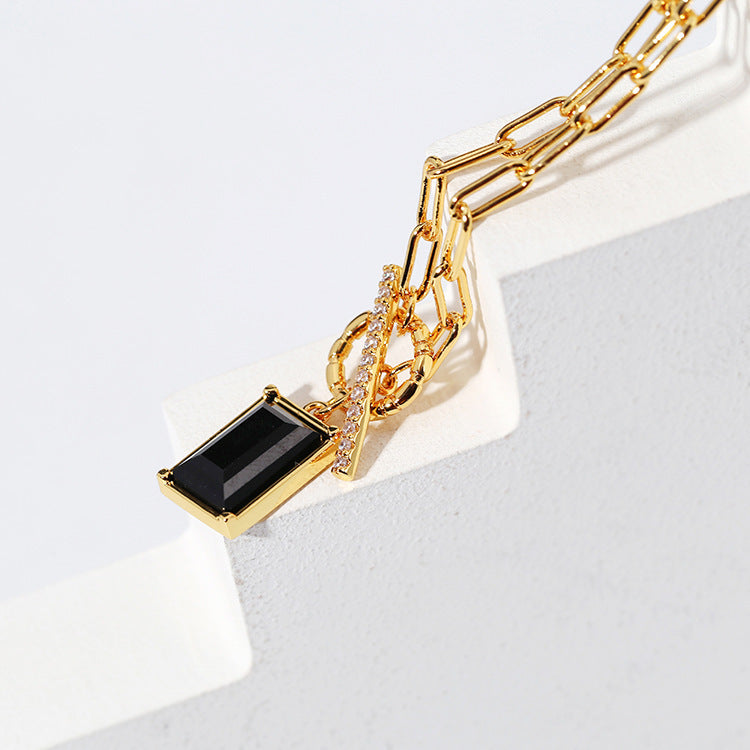 Black Square gem pendant necklace Women's European and American simple fashion Plaid chain fashion OT buckle pendant clavicle chain