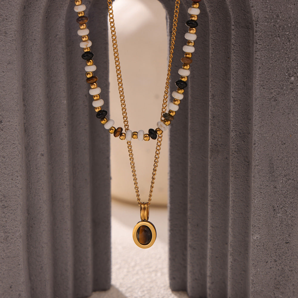 Tiger Eye Oval Pendant Double Layer Titanium Steel Necklace for Women