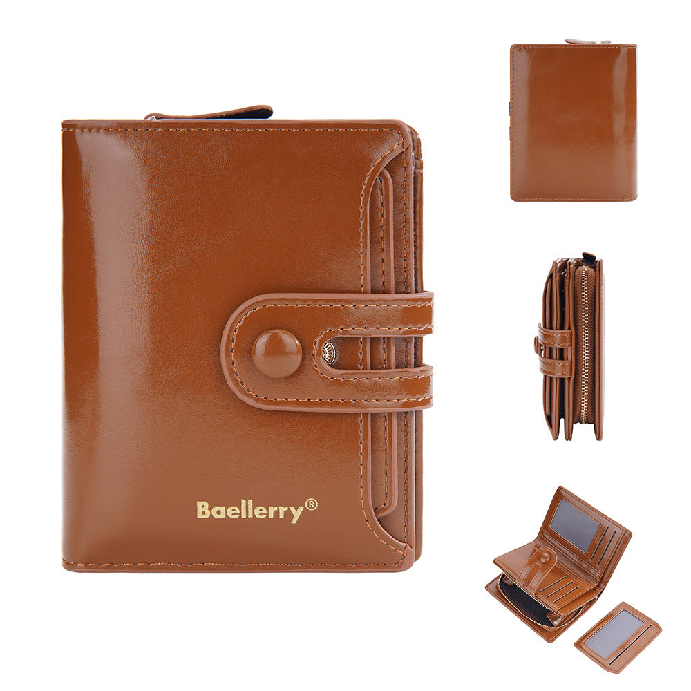 baellerry new women's short wallet glossy oil wax leather multiple card slots zipper coin purse all-matching wallet