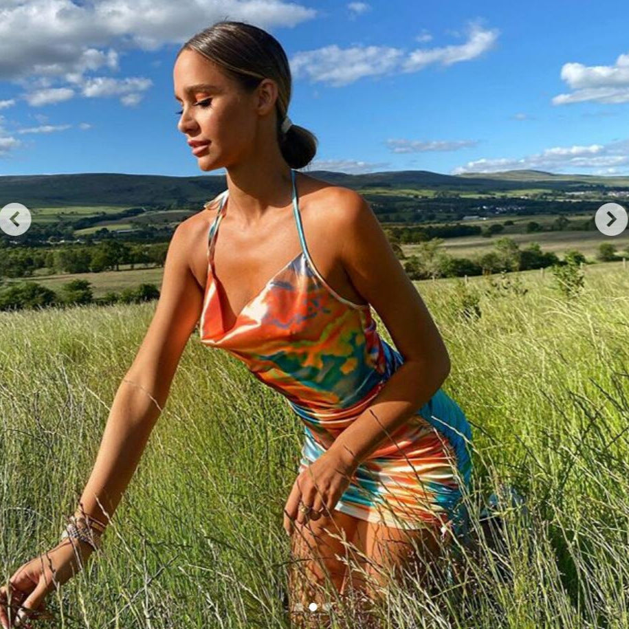 European and American style dress cross-border women's clothing sexy backless spaghetti straps short skirt crimp waist dress summer