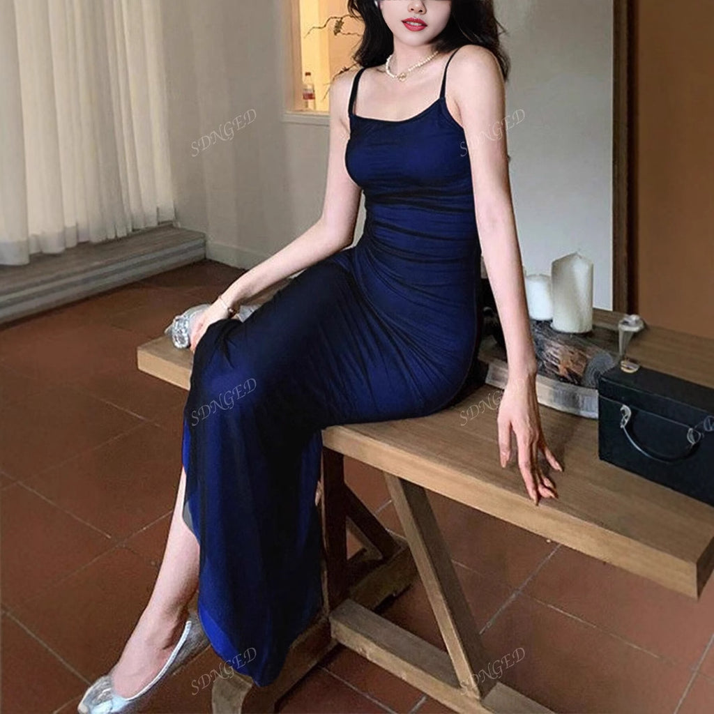 Amazon new sling dress popular European and American Foreign trade dinner dress sexy satin solid color dress