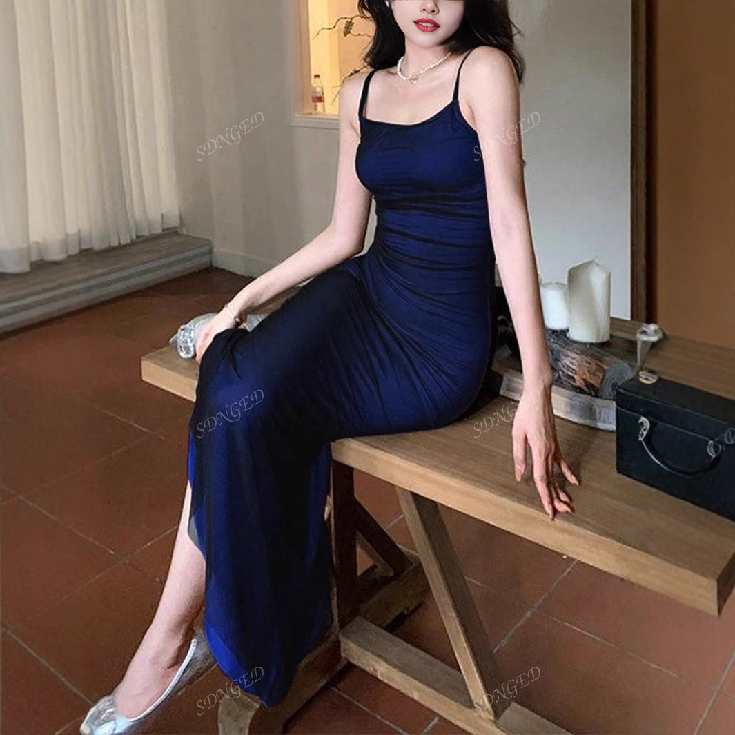 Amazon new sling dress popular European and American Foreign trade dinner dress sexy satin solid color dress