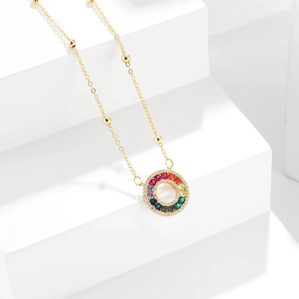 micro inlaid zircon rainbow pendant necklace creative fashion circle pendant clavicle chain