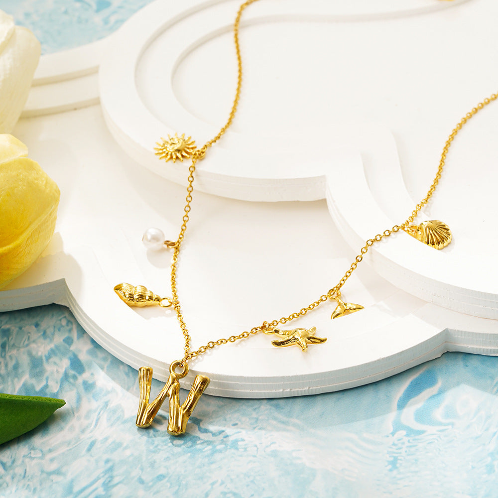 18K gold O-shaped chain 26 letter pendant necklace beach style conch shell pendant necklace cross-border fashion short necklace
