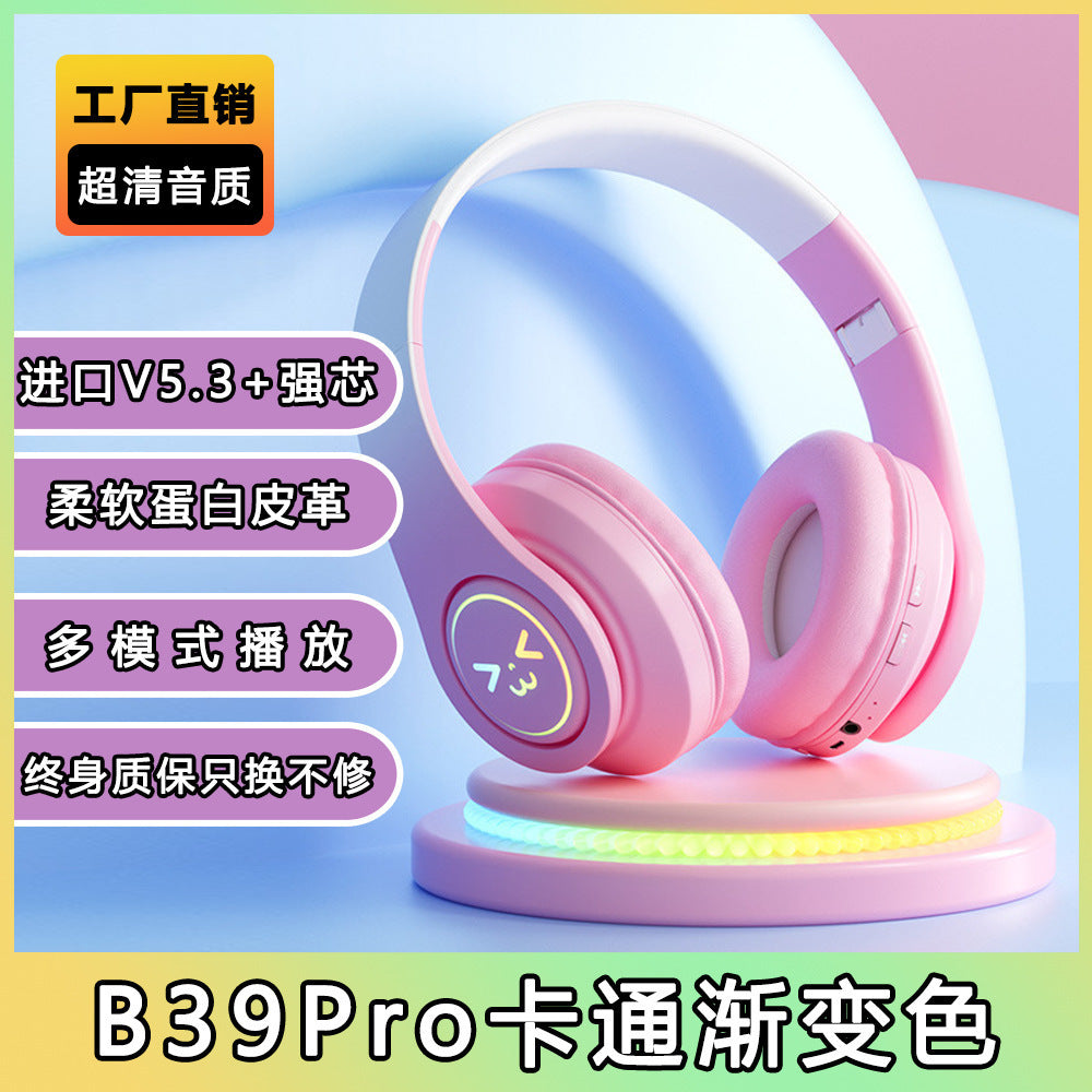 [New] cross-border B39 gradient color Bluetooth headset subwoofer colorful luminous wireless head-mounted headset factory