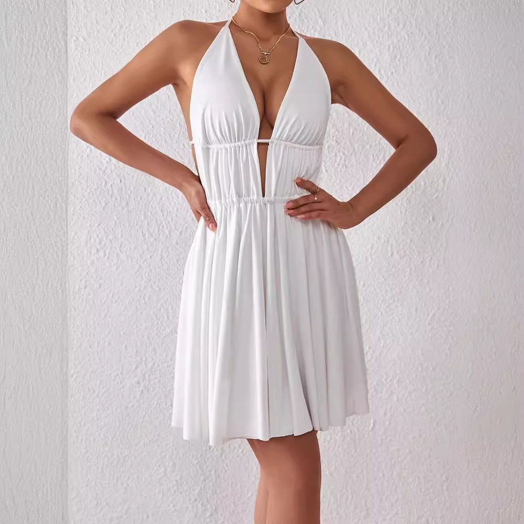 2025 Europe and America cross border new deep V strap dress European and American sexy halter lace-up backless dress dress skirt