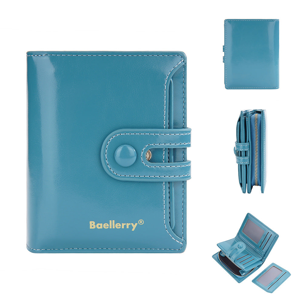 baellerry new women's short wallet glossy oil wax leather multiple card slots zipper coin purse all-matching wallet