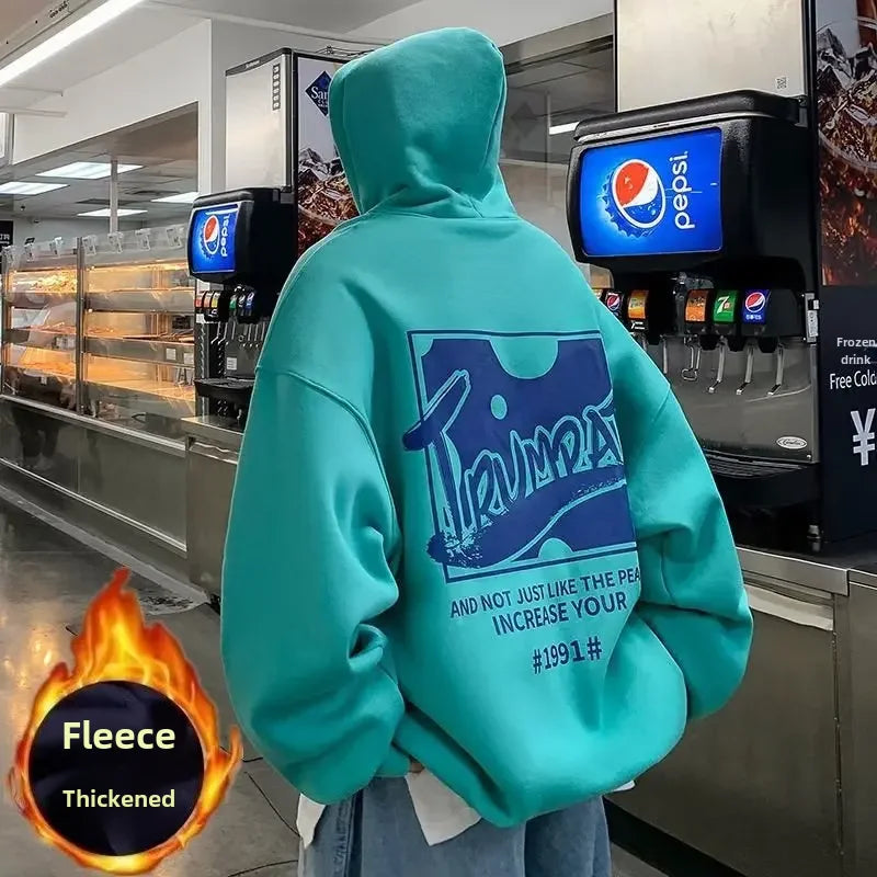 Fleece-lined thickened men's sweater new national fashion high street hip hop hoodie clothes autumn and winter loose trendy coat