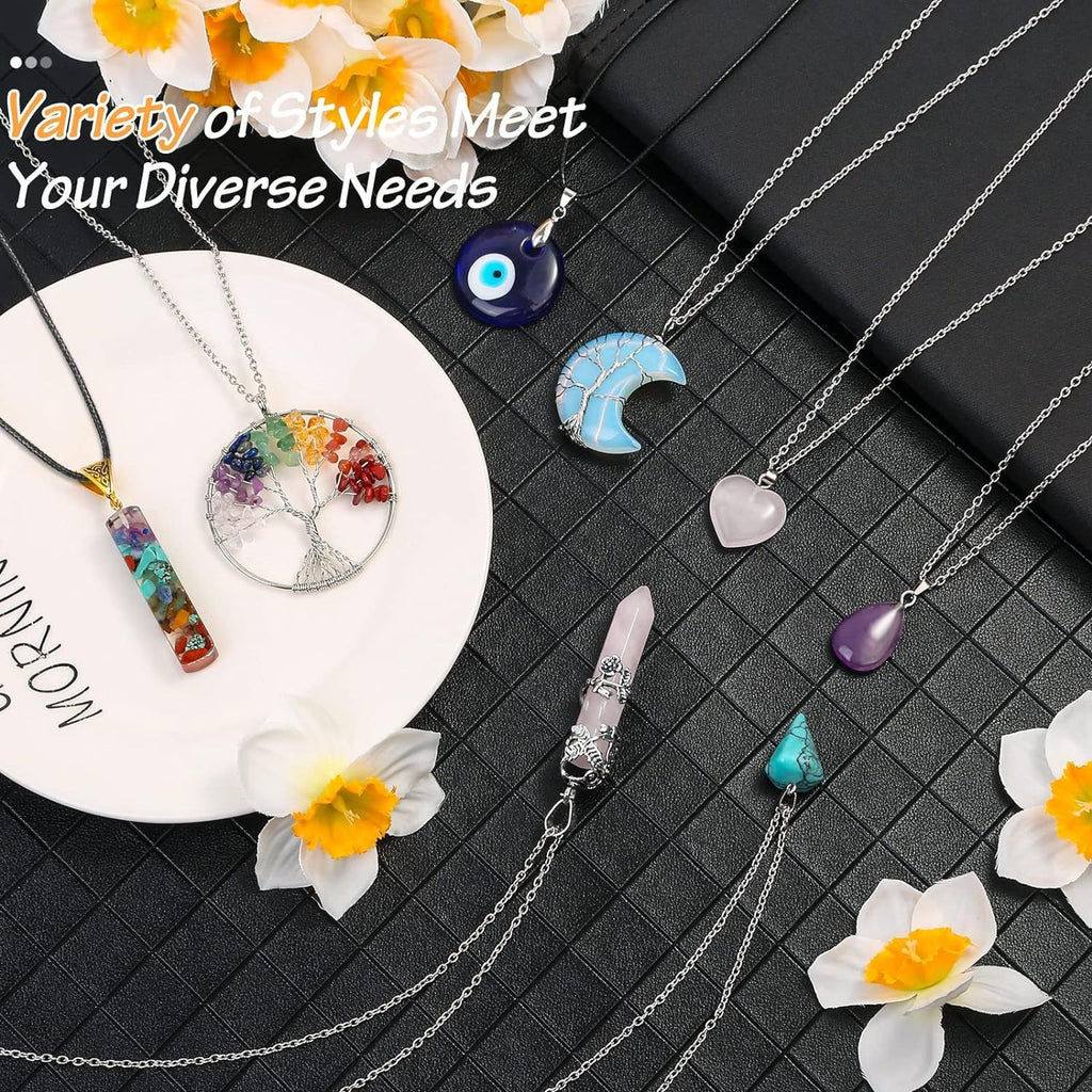 16pc crystal pendant necklace amethyst hexagon prism evil eyes braided winding tree of life pendant necklace