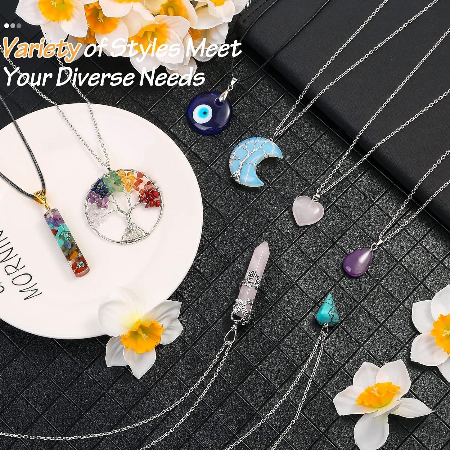 16pc crystal pendant necklace amethyst hexagon prism evil eyes braided winding tree of life pendant necklace