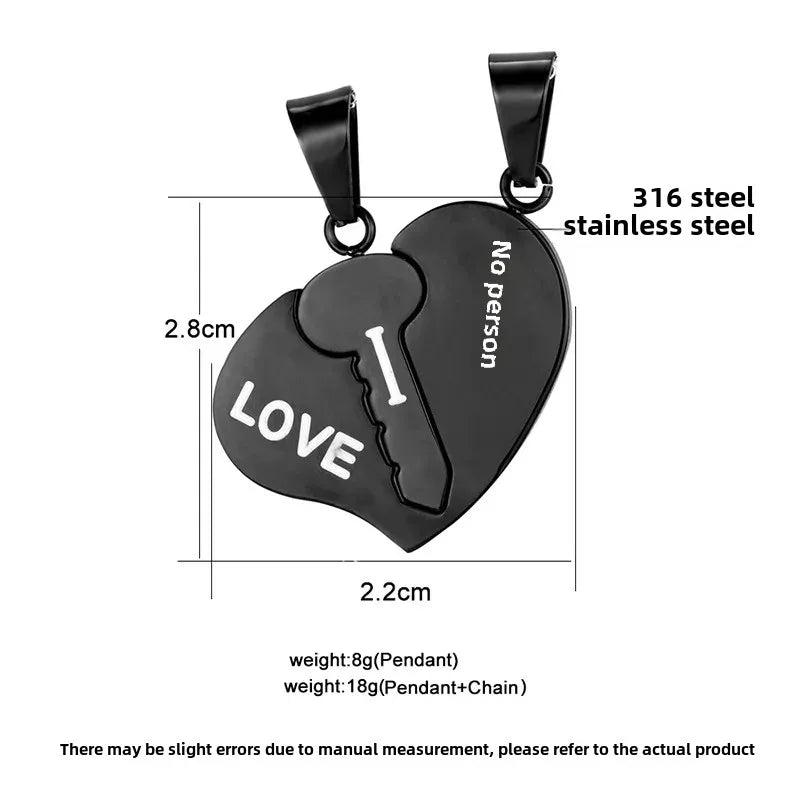 Japanese and Korean style couple necklace titanium steel heart key stitching pendant for girlfriends simple pendant cross-border supply