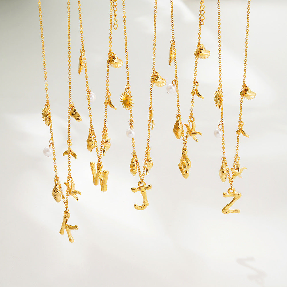 18K gold O-shaped chain 26 letter pendant necklace beach style conch shell pendant necklace cross-border fashion short necklace