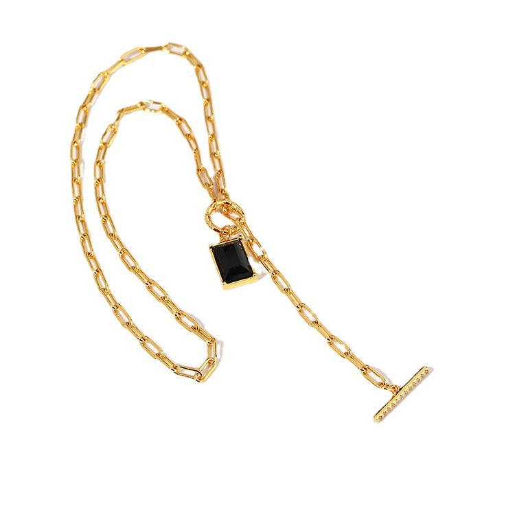 Black Square gem pendant necklace Women's European and American simple fashion Plaid chain fashion OT buckle pendant clavicle chain