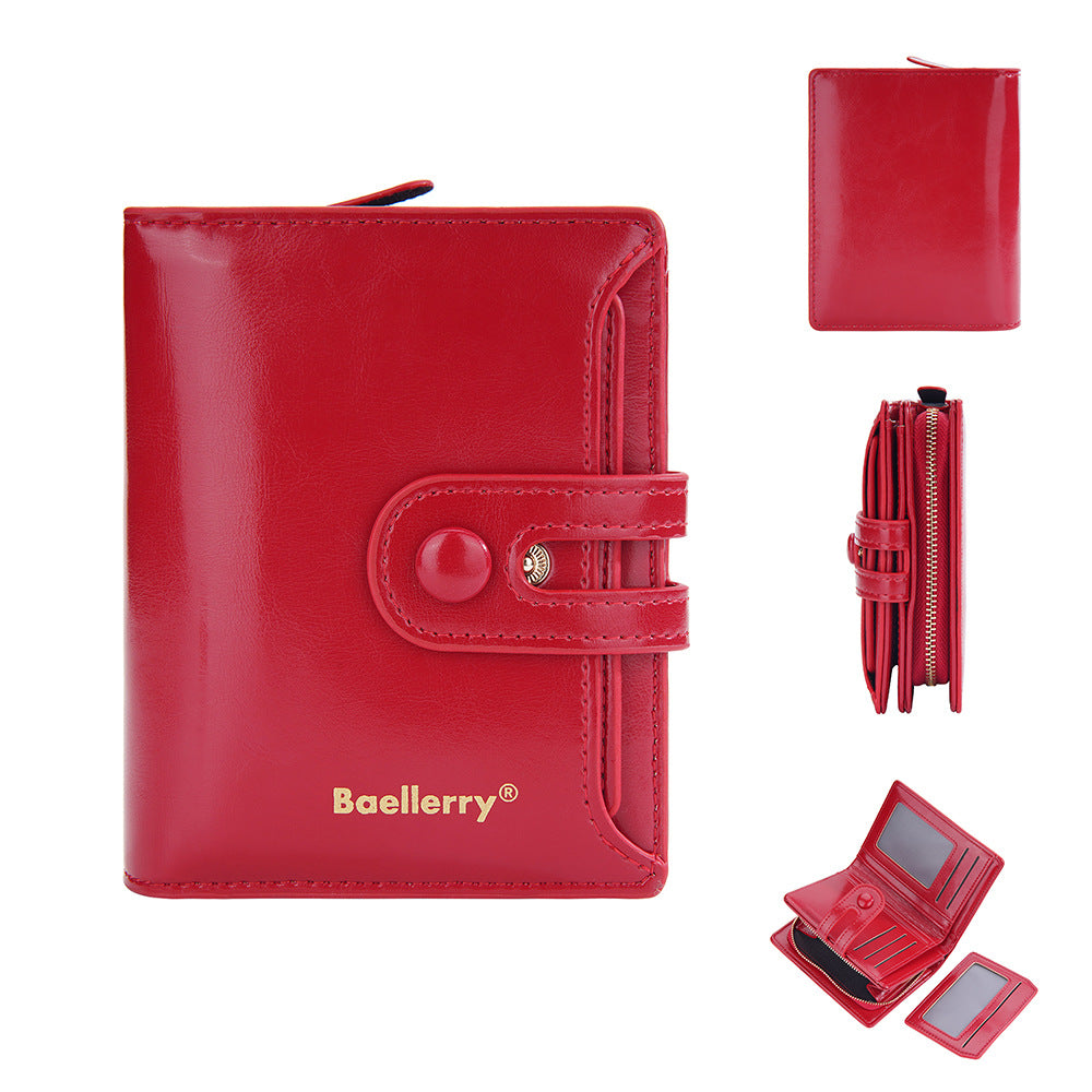 baellerry new women's short wallet glossy oil wax leather multiple card slots zipper coin purse all-matching wallet