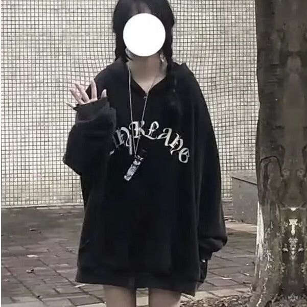 American retro hooded brushed hoody female winter skull print special-interest fashion brand couple's tops black plus Velvet