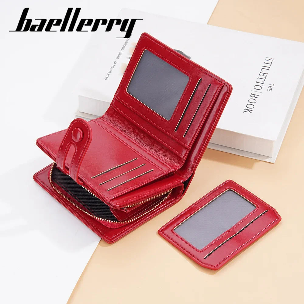 baellerry new women's short wallet glossy oil wax leather multiple card slots zipper coin purse all-matching wallet
