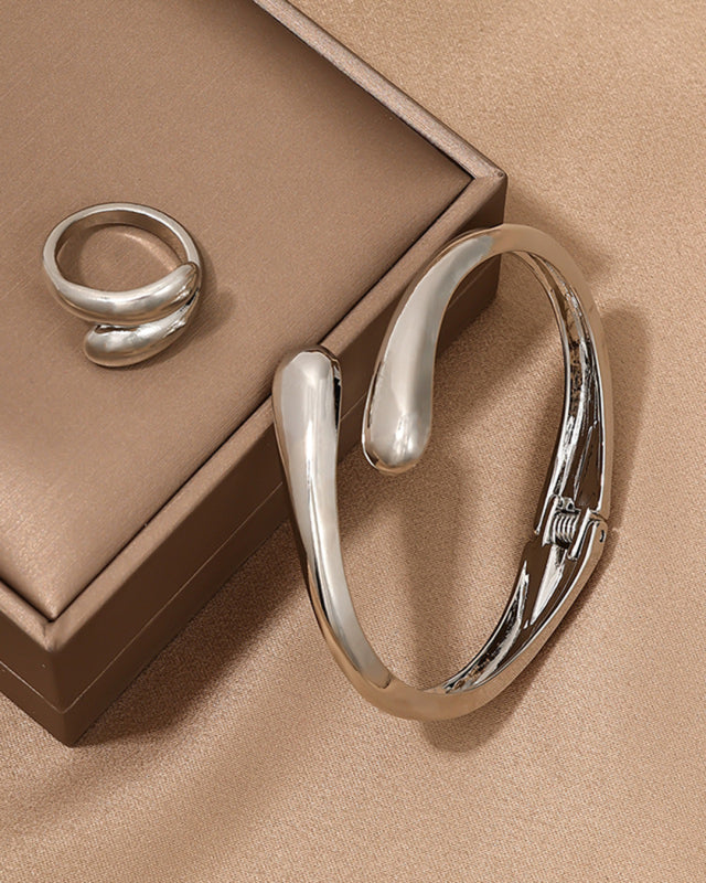 Fashionable and simple heavy metal geometric ring smooth bracelet ring jewelry two-piece set