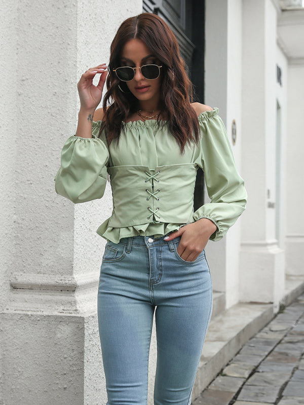 Women's lace up Lantern Sleeve straight neck waist tunic jacket