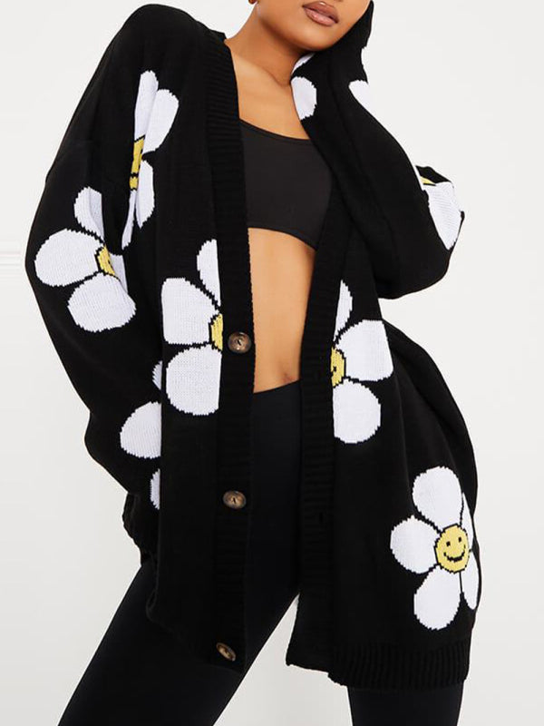 Love flower mid-length V-neck jacket loose casual knitted cardigan