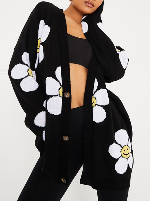 Love flower mid-length V-neck jacket loose casual knitted cardigan