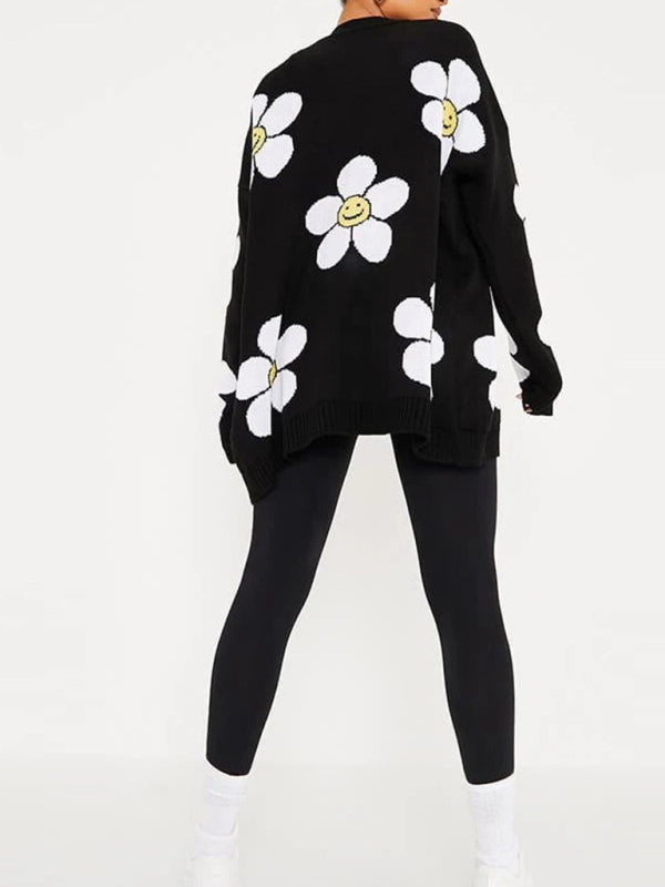 Love flower mid-length V-neck jacket loose casual knitted cardigan