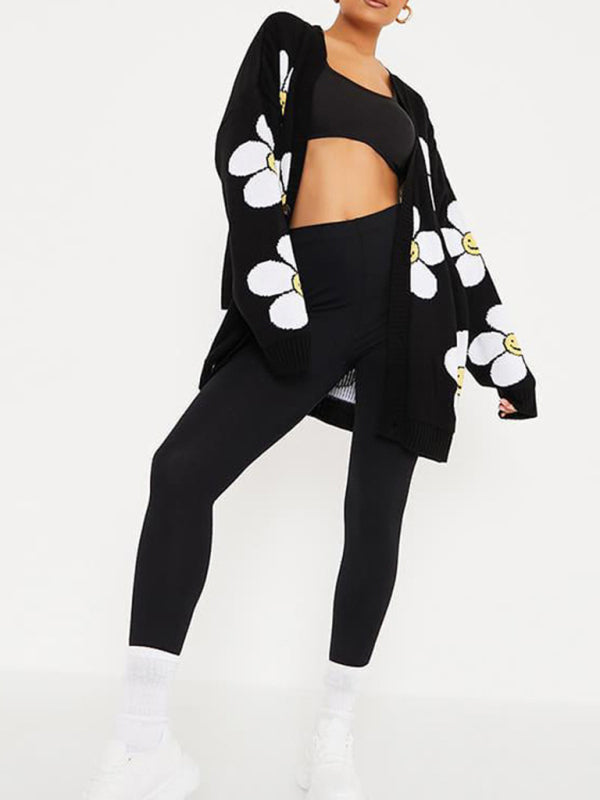 Love flower mid-length V-neck jacket loose casual knitted cardigan