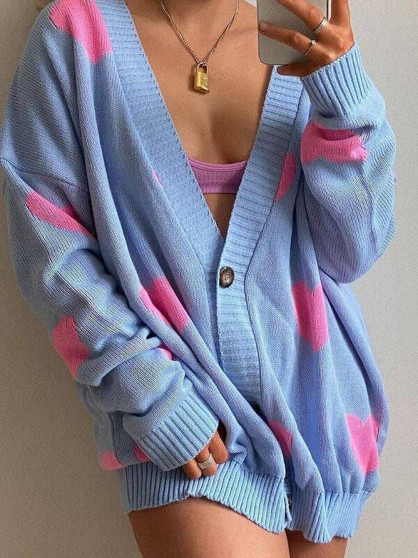 Love flower mid-length V-neck jacket loose casual knitted cardigan