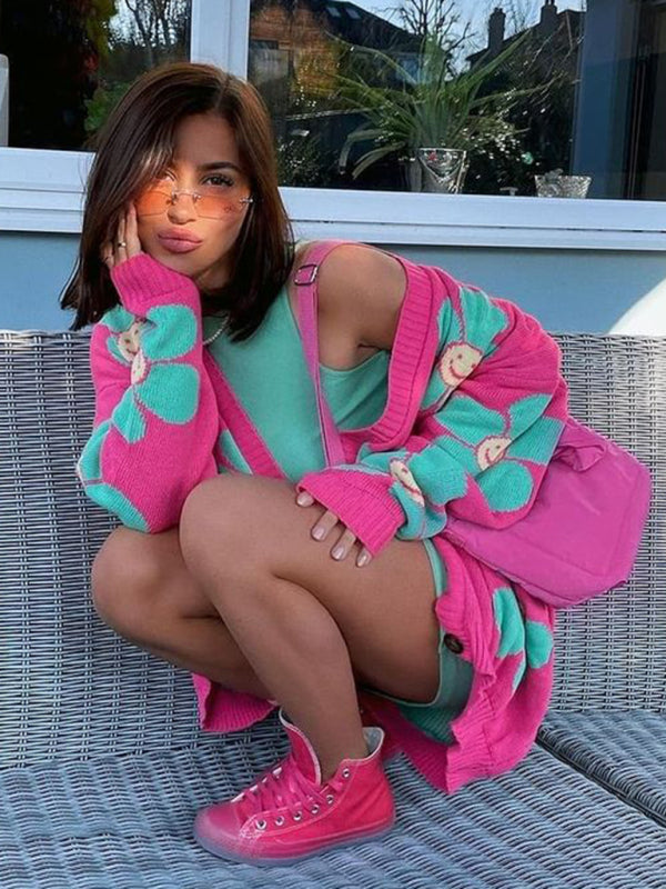 Love flower mid-length V-neck jacket loose casual knitted cardigan