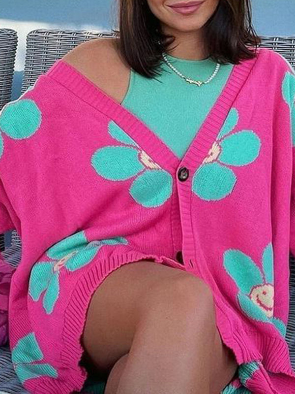 Love flower mid-length V-neck jacket loose casual knitted cardigan