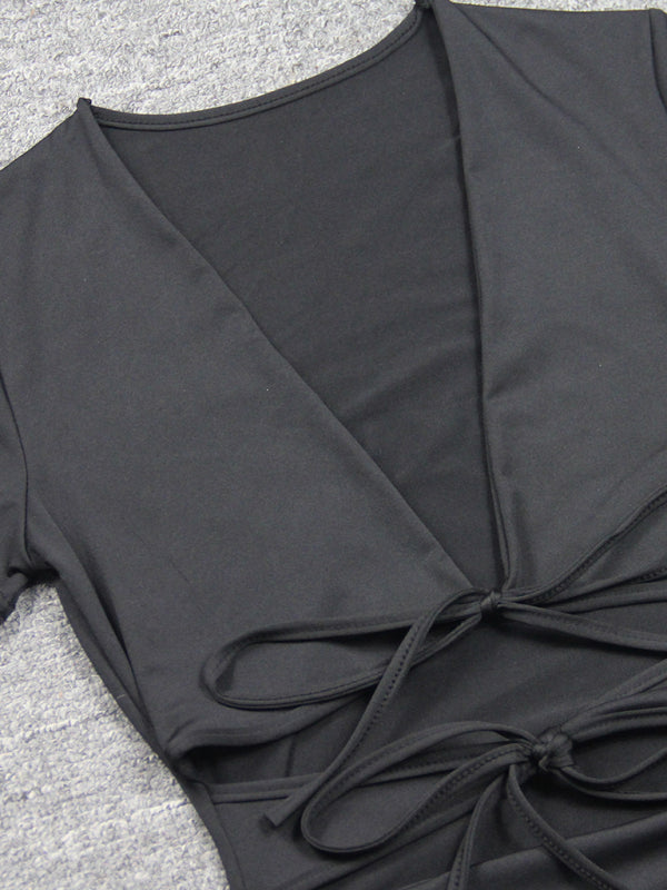 Women's sexy deep V strappy pleated dress with ruffles and hips