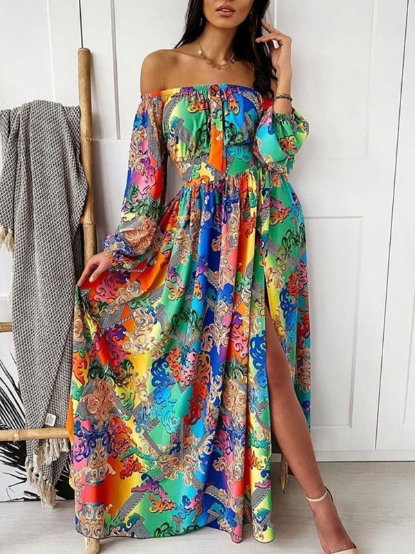 Printed Dress One-shoulder pullover retro long-sleeved long-sleeved dress with slits
