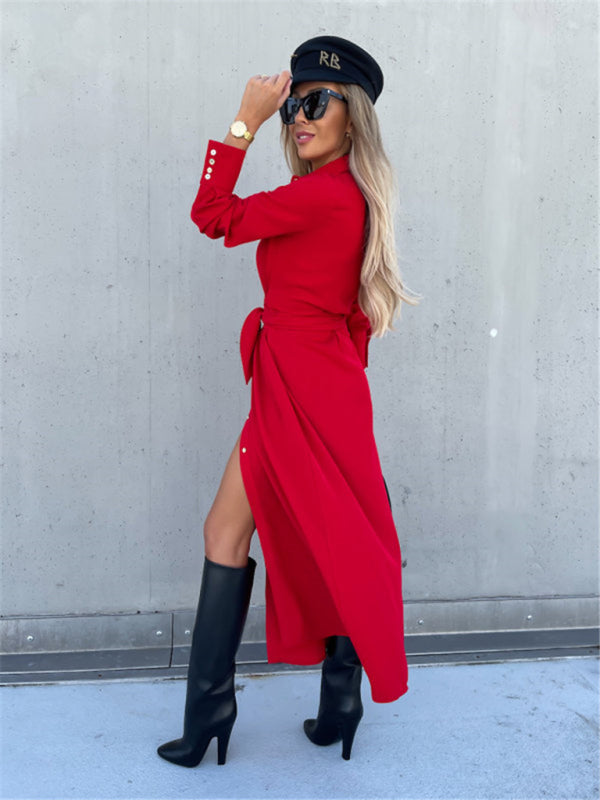 New long skirt solid color cardigan long sleeve dress