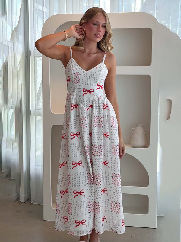 New V-neck waist holiday backless bow print dress