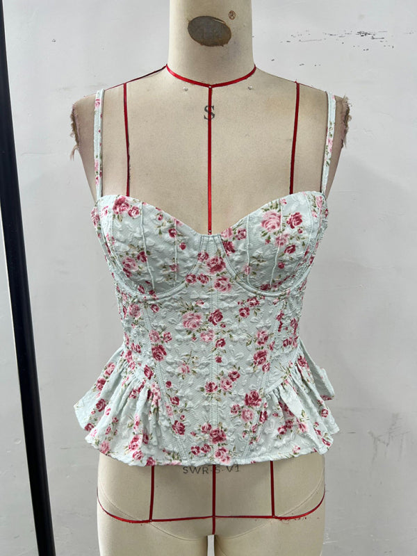 Floral irregular ruffled light sexy backless lace-up top