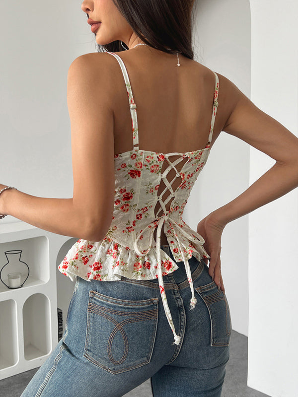 Floral irregular ruffled light sexy backless lace-up top
