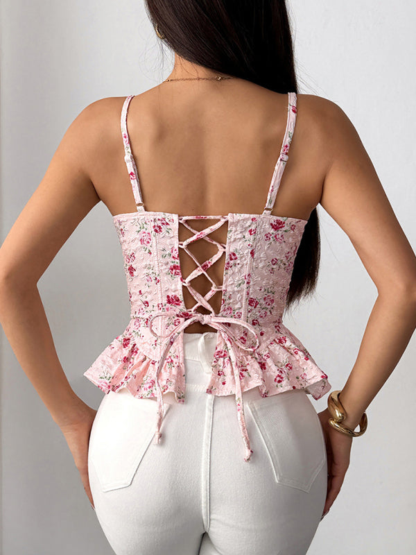 Pink floral irregular ruffled light sexy backless lace-up top
