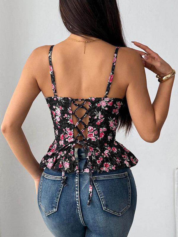 Black floral irregular ruffled light sexy backless lace-up top