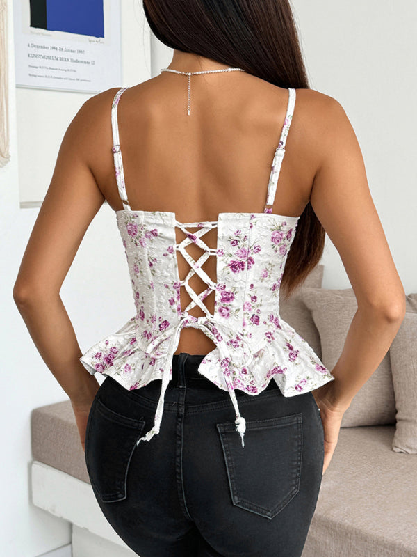 Purple floral irregular ruffled light sexy backless lace-up top