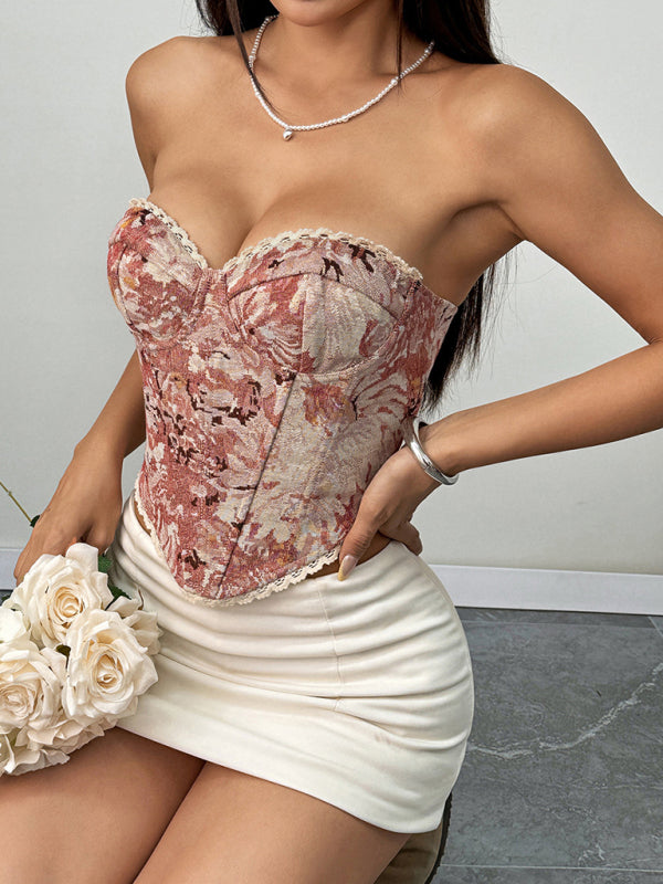 Street retro pink flower print lace-up fishbone vest