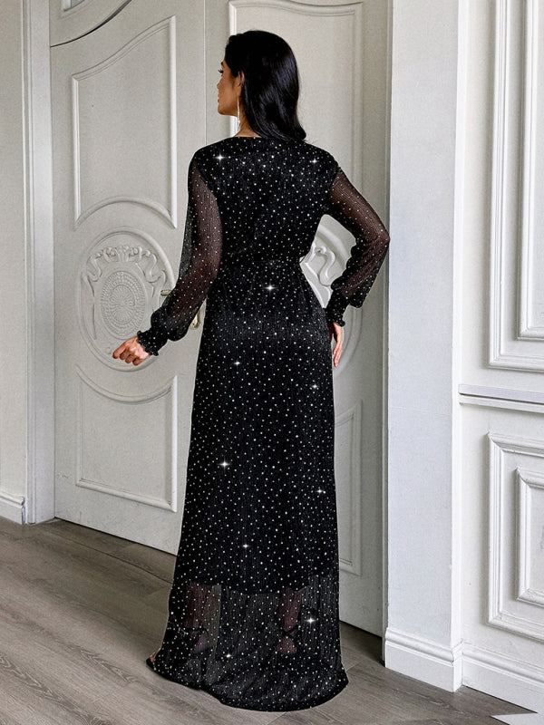 Elegant V-neck long-sleeved corset maxi dress