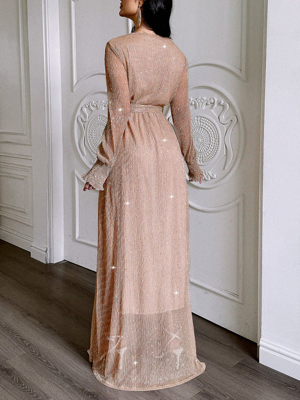 Elegant V-neck long-sleeved corset maxi dress