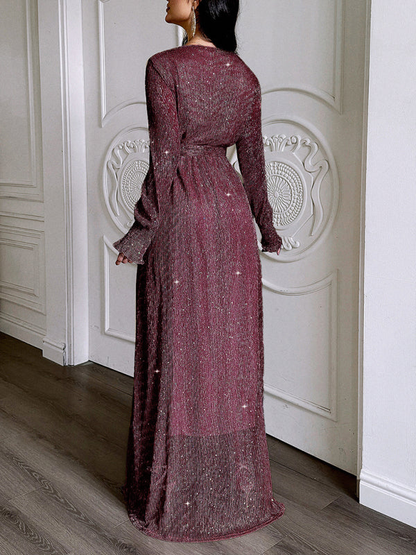 Elegant V-neck long-sleeved corset maxi dress