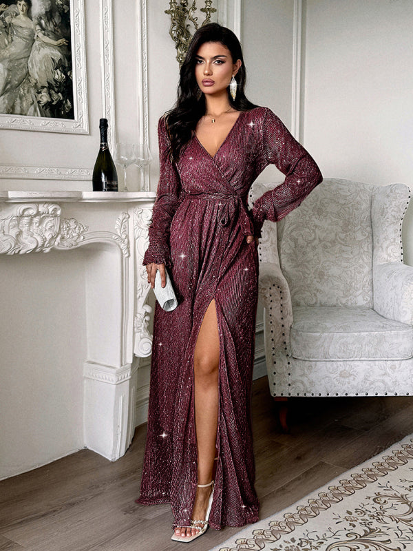 Elegant V-neck long-sleeved corset maxi dress