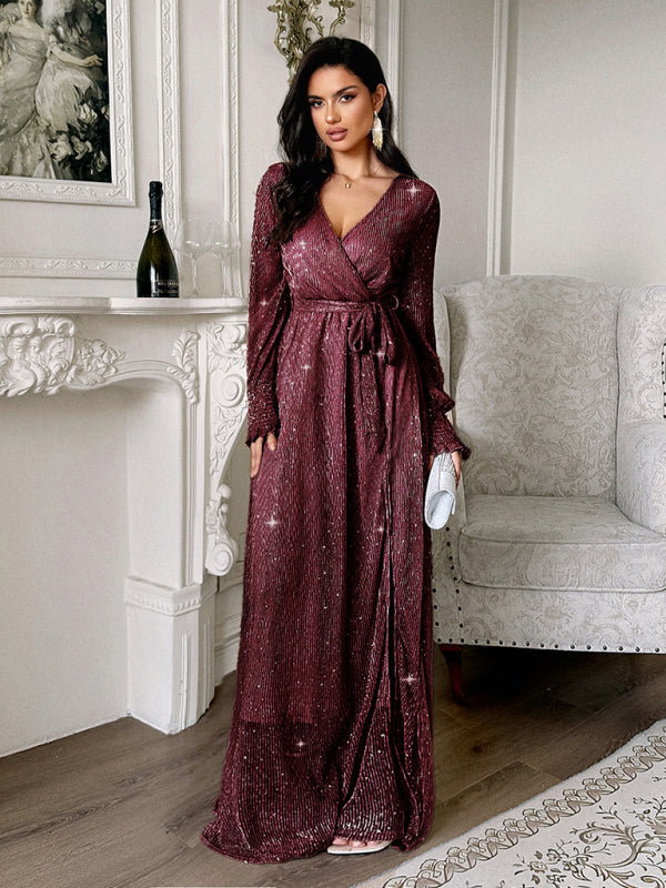 Elegant V-neck long-sleeved corset maxi dress