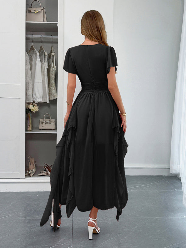 Elegant short-sleeved deep V long dress